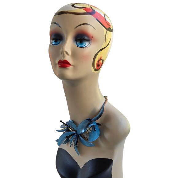 Blue Orchid Floral Statement Necklace – Chunky Movable Petals Adjustable - Picture 8 of 16